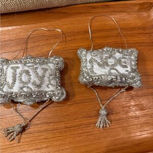 Beaded/Sequin Silver Christmas Ornament Pillow Tassel Joy And Noel Set Of 2